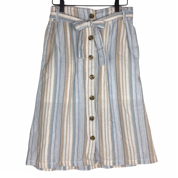 dash Dresses & Skirts - DASH Linen Blend Skirt Stripe Print Button Tie Waist Minimalist Modest Small